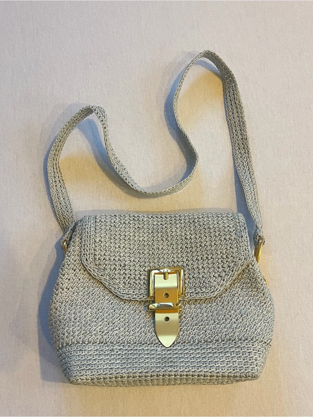 Vintage Woven Crossbody Shoulder Bag in Light Gray with Gold Hardware